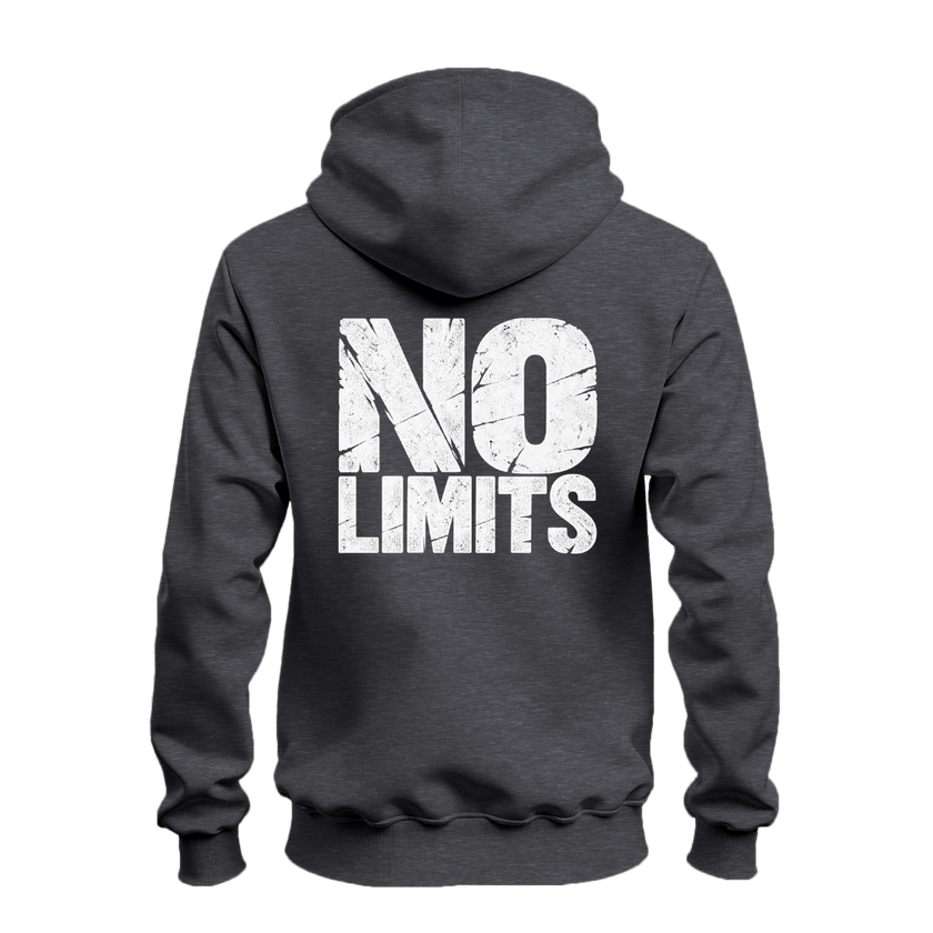 Dark heather No Rules zip up hoodie featuring a white chest graphic and oversized No Limits motivational back print