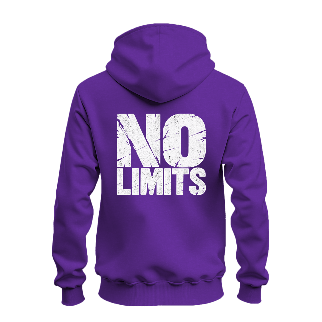 Purple No Rules No Limits graphic hoodie back view with oversized white distressed No Limits lettering.