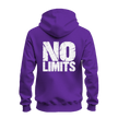 Purple No Rules No Limits graphic hoodie back view with oversized white distressed No Limits lettering.