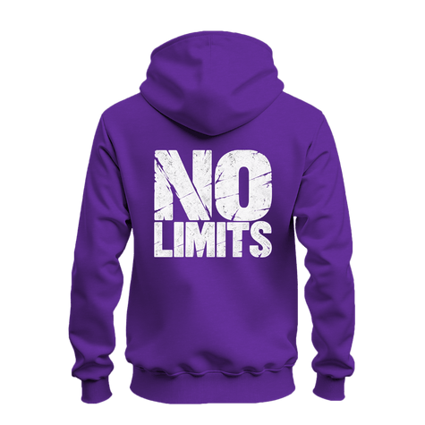 Purple No Rules No Limits graphic hoodie back view with oversized white distressed No Limits lettering.
