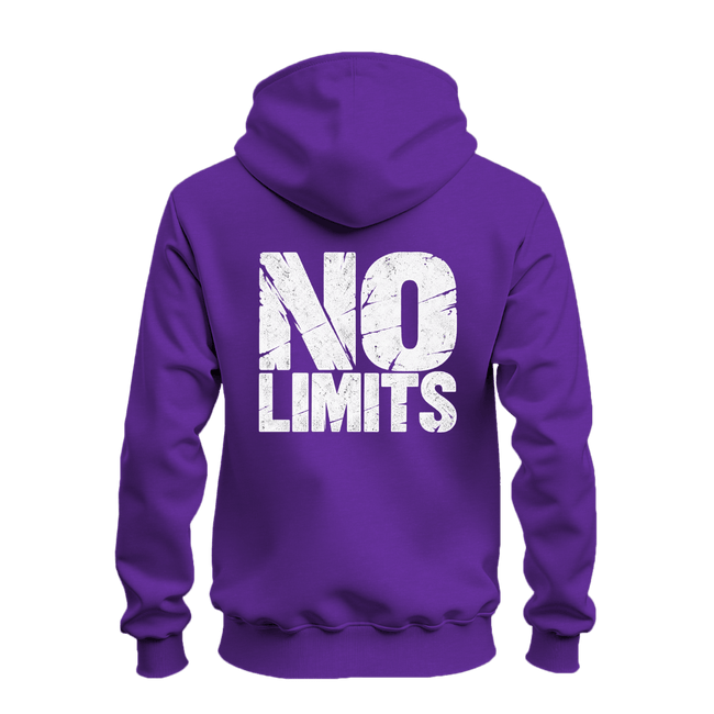 Purple No Rules No Limits graphic hoodie back view with oversized white distressed No Limits lettering.