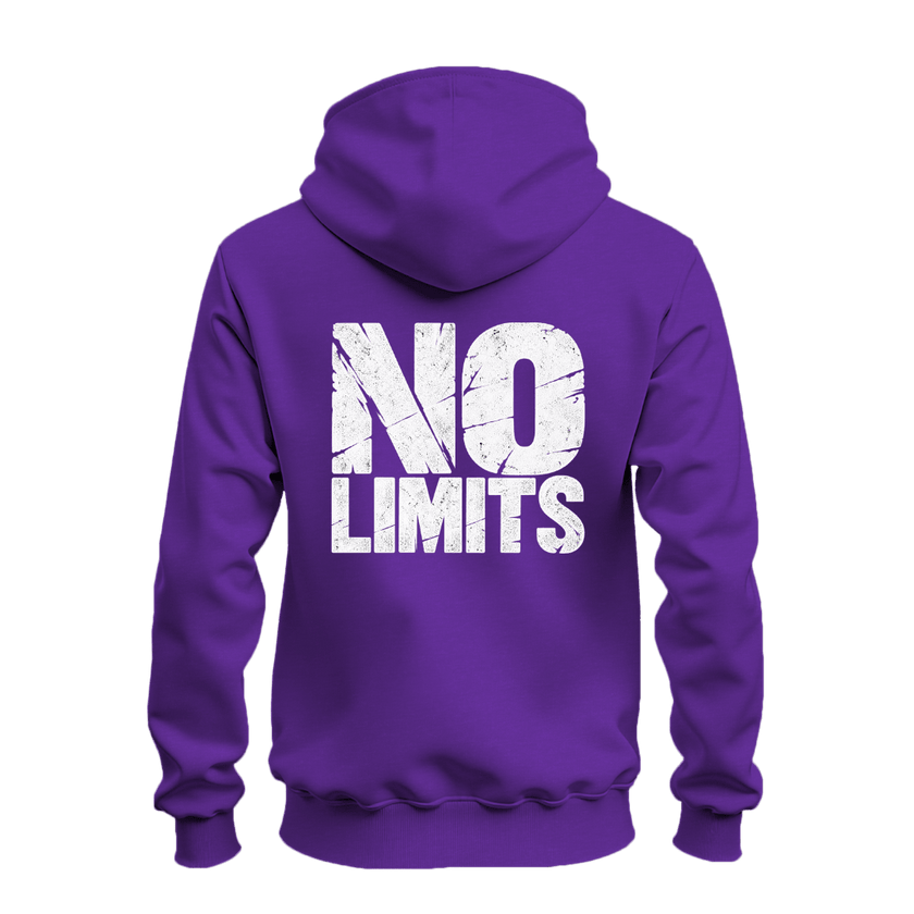 Purple No Rules No Limits graphic hoodie back view with oversized white distressed No Limits lettering.