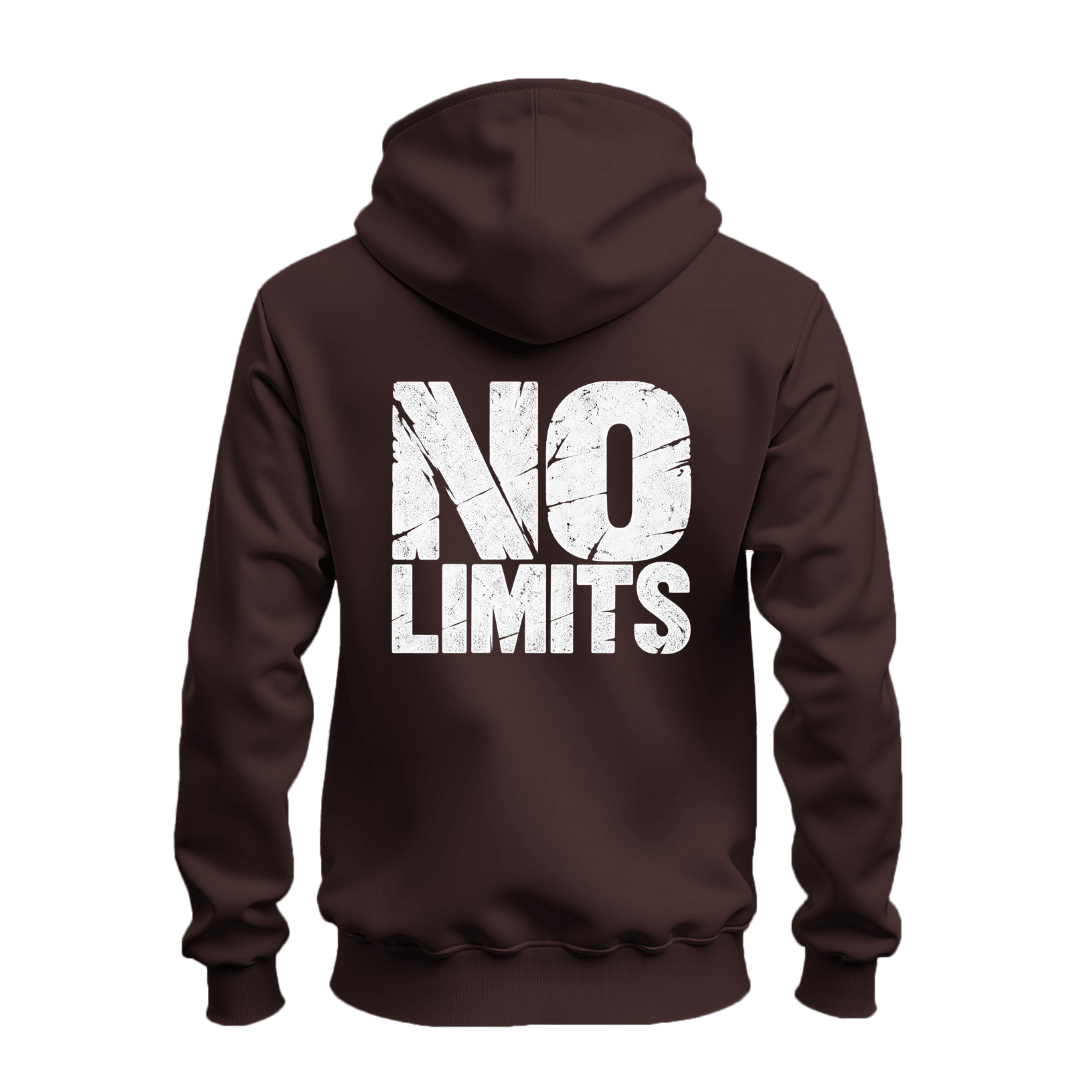 Dark chocolate No Rules No Limits graphic zip hoodie with contrasting white distressed motivational front and back prints
