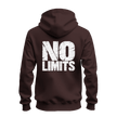 Dark chocolate No Rules No Limits graphic zip hoodie with contrasting white distressed motivational front and back prints
