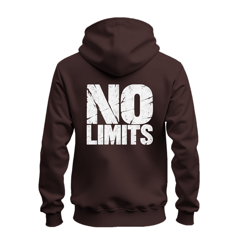 Dark chocolate No Rules No Limits graphic zip hoodie with contrasting white distressed motivational front and back prints
