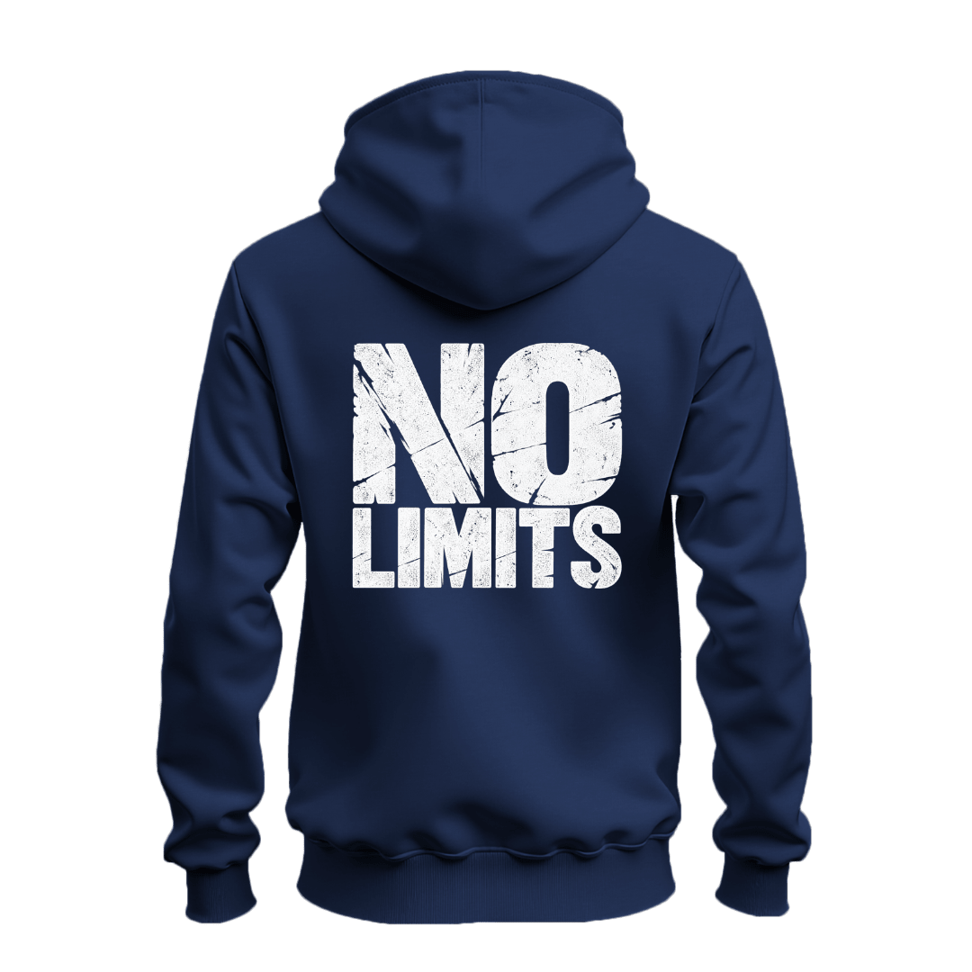 Navy No Rules No Limits hoodie back view featuring a large distressed white No Limits print on a full zip hoodie.