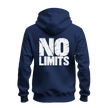 Navy No Rules No Limits hoodie back view featuring a large distressed white No Limits print on a full zip hoodie.