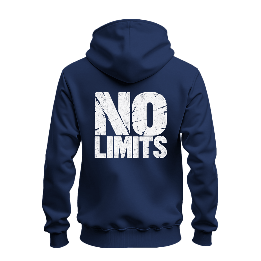 Navy No Rules No Limits hoodie back view featuring a large distressed white No Limits print on a full zip hoodie.