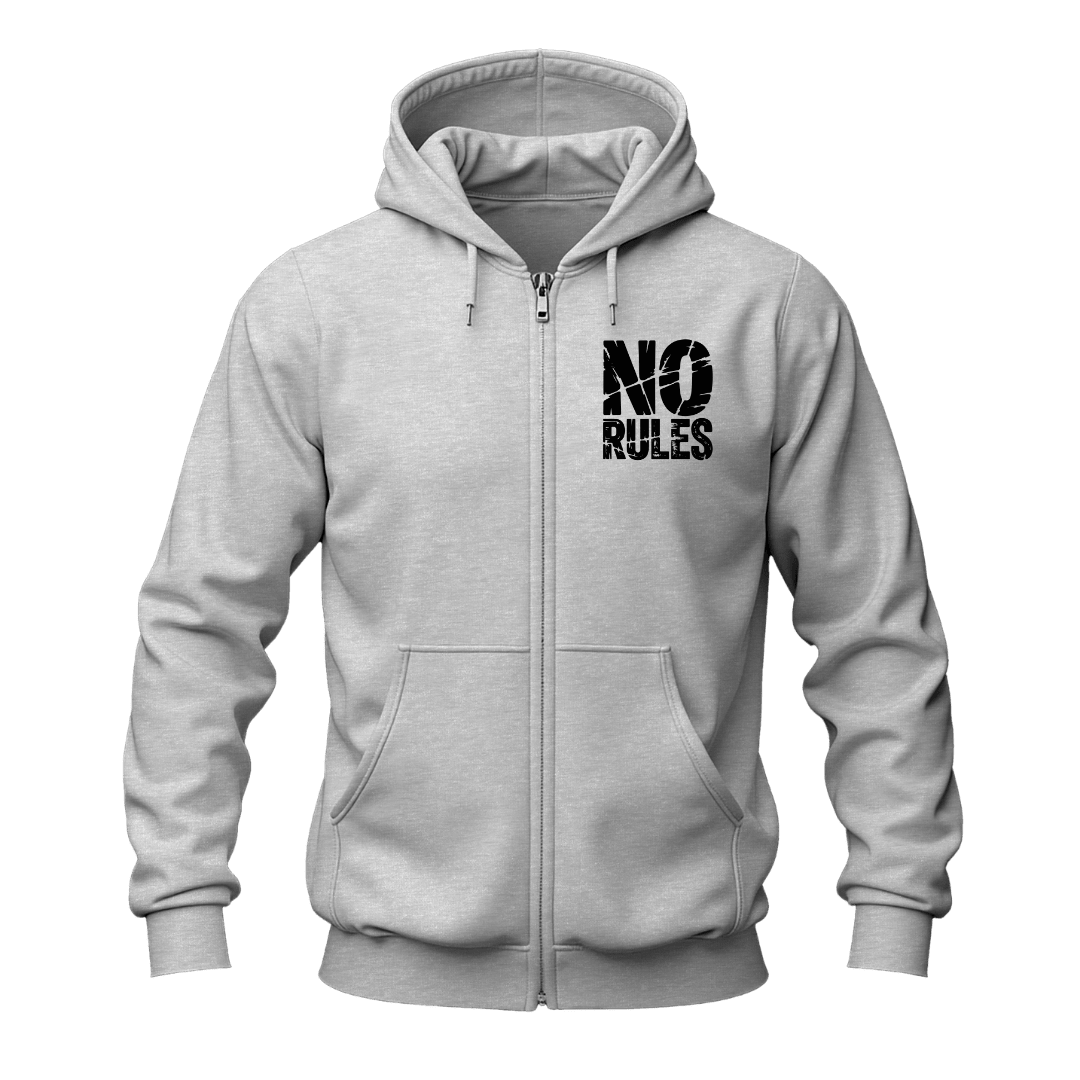 A light gray zip-up hoodie with a black distressed text graphic reading 'NO RULES' on the left chest, displayed on a clean white background.