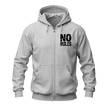 A light gray zip-up hoodie with a black distressed text graphic reading 'NO RULES' on the left chest, displayed on a clean white background.