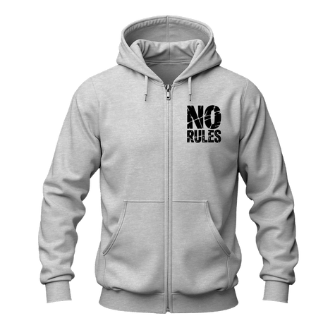 A light gray zip-up hoodie with a black distressed text graphic reading 'NO RULES' on the left chest, displayed on a clean white background.
