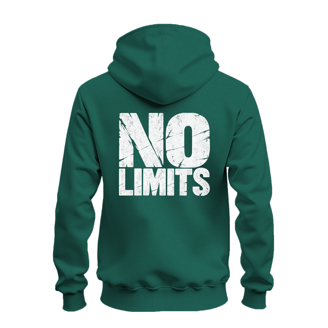 Forest green No Rules No Limits zip hoodie with contrasting white distressed graphics and bold streetwear inspired styling