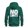 Forest green No Rules No Limits zip hoodie with contrasting white distressed graphics and bold streetwear inspired styling