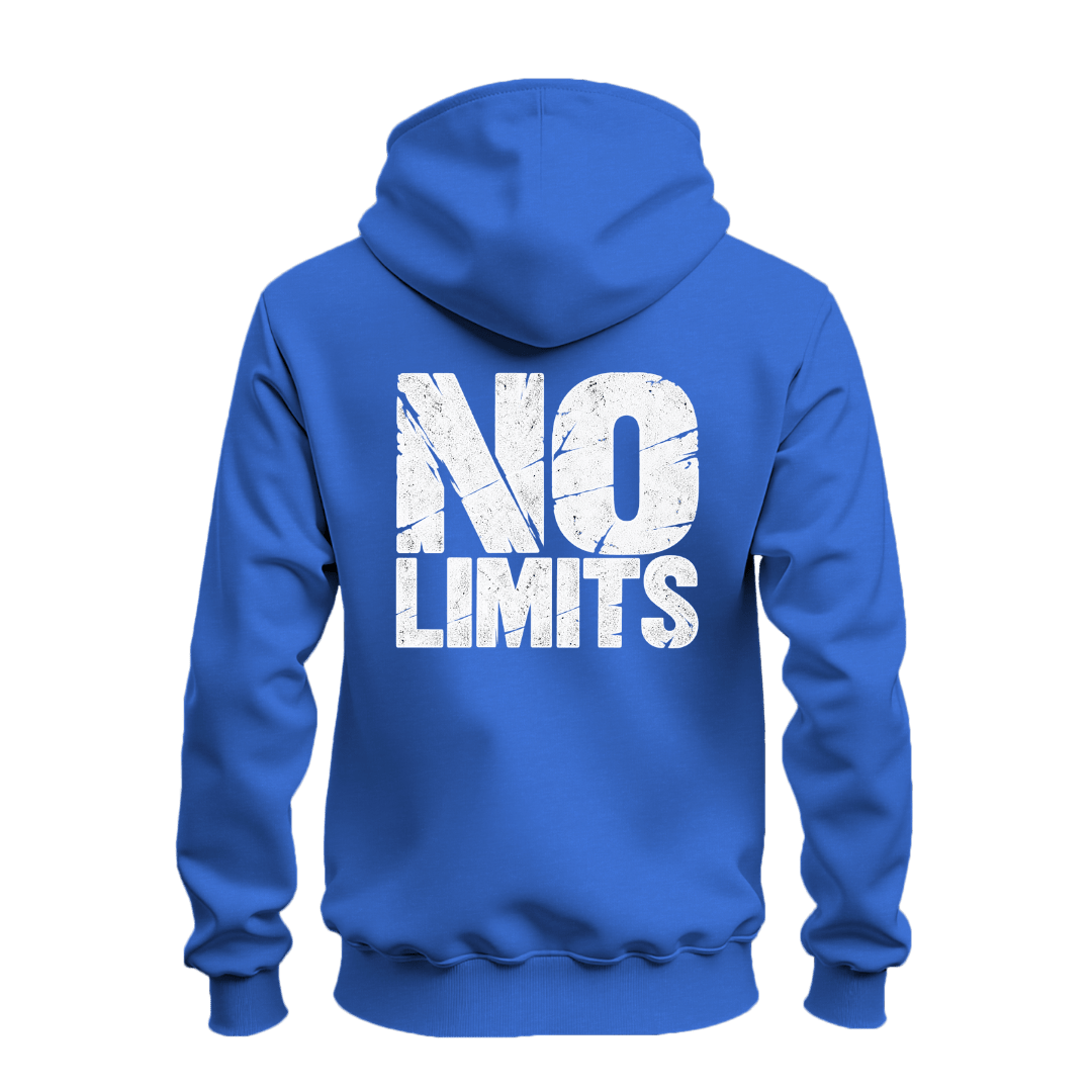 Royal blue No Rules No Limits zip hoodie back view featuring large distressed white No Limits lettering for streetwear style.