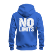 Royal blue No Rules No Limits zip hoodie back view featuring large distressed white No Limits lettering for streetwear style.