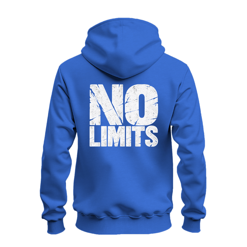 Royal blue No Rules No Limits zip hoodie back view featuring large distressed white No Limits lettering for streetwear style.