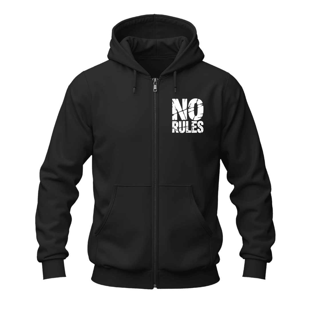 A black zip-up hoodie with a white distressed graphic reading 'NO RULES' on the left chest, shown on a plain white background.