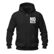 A black zip-up hoodie with a white distressed graphic reading 'NO RULES' on the left chest, shown on a plain white background.