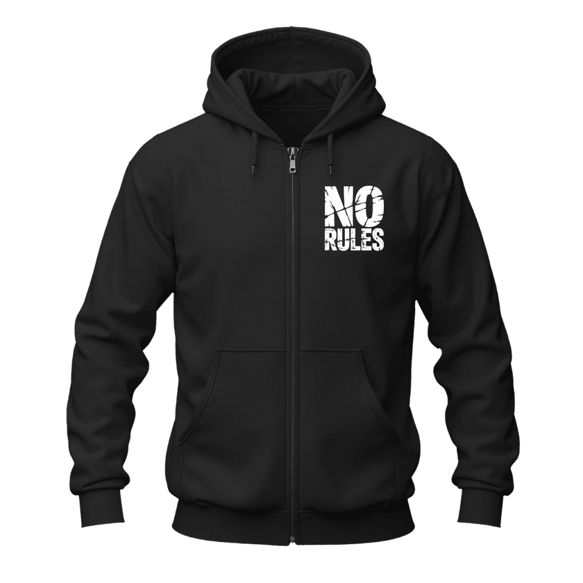 A black zip-up hoodie with a white distressed graphic reading 'NO RULES' on the left chest, shown on a plain white background.
