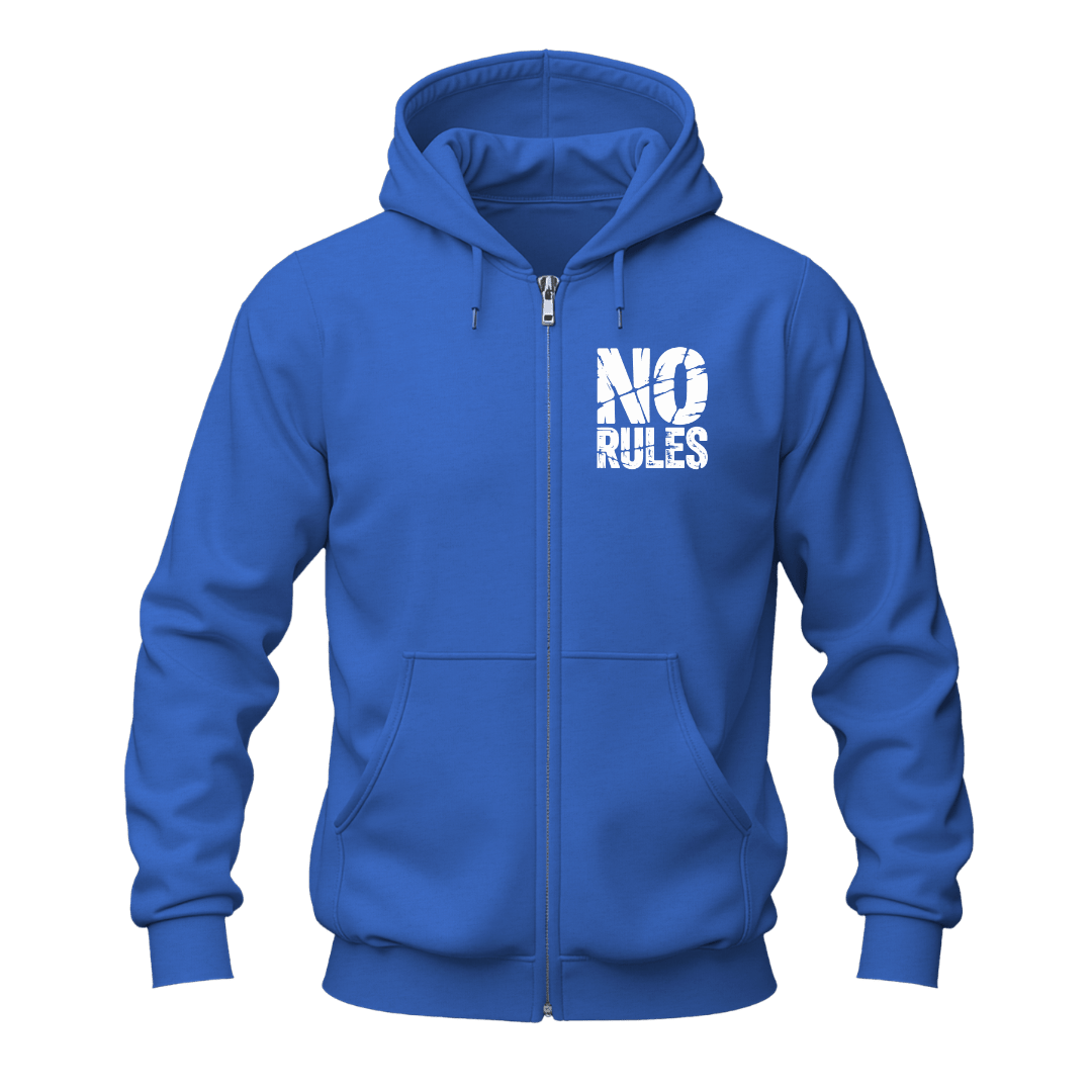 Bold No Rules No Limits graphic zip up hoodie with motivational front chest artwork and oversized back print.