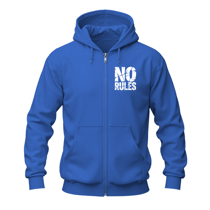 Bold No Rules No Limits graphic zip up hoodie with motivational front chest artwork and oversized back print.