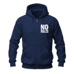 Navy No Rules zip up hoodie front view with contrasting white chest graphic, front zipper, hood and casual fit.