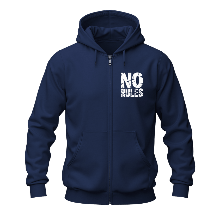 Navy No Rules zip up hoodie front view with contrasting white chest graphic, front zipper, hood and casual fit.