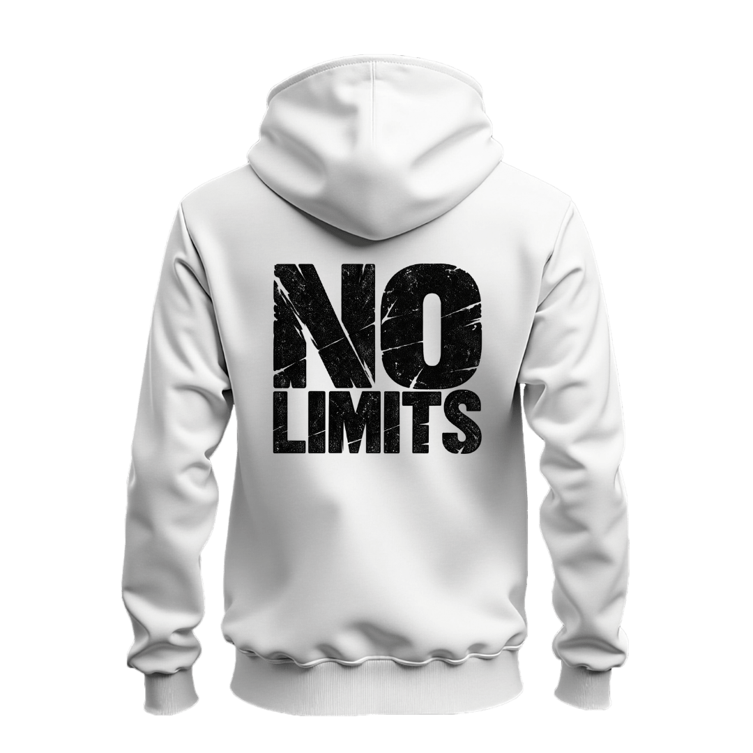 A white zip up hoodie shown from the back, featuring a large distressed black graphic print that reads 'NO LIMITS' across the center.