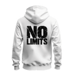 A white zip up hoodie shown from the back, featuring a large distressed black graphic print that reads 'NO LIMITS' across the center.