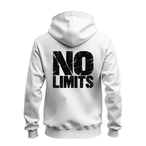A white zip up hoodie shown from the back, featuring a large distressed black graphic print that reads 'NO LIMITS' across the center.
