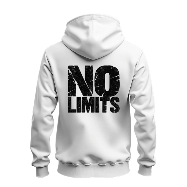 A white zip up hoodie shown from the back, featuring a large distressed black graphic print that reads 'NO LIMITS' across the center.