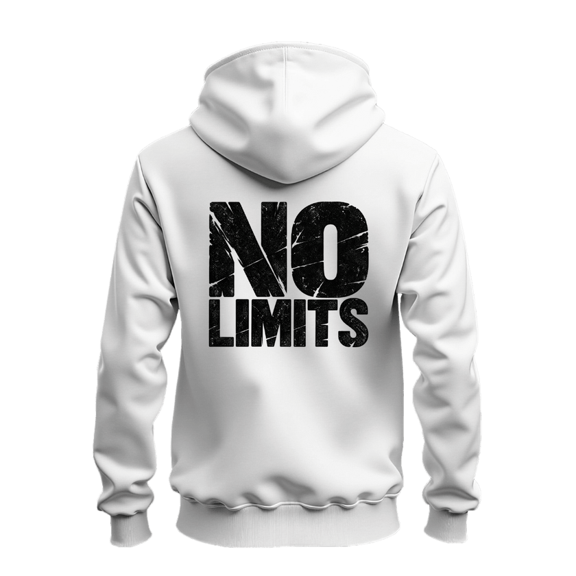 A white zip up hoodie shown from the back, featuring a large distressed black graphic print that reads 'NO LIMITS' across the center.