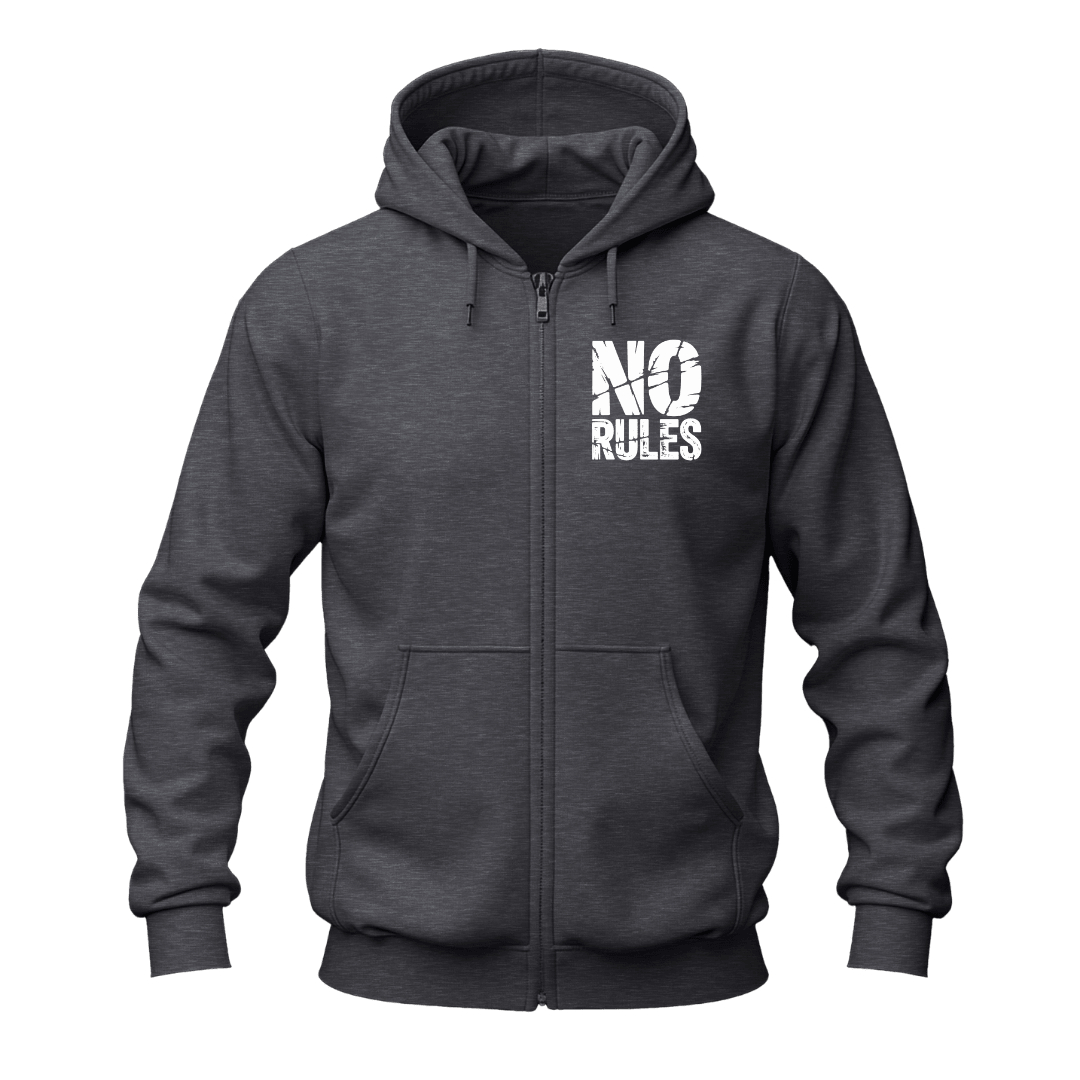 A dark heather gray zip-up hoodie with a white distressed graphic reading 'NO RULES' on the left chest, shown on a plain white background.