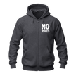 A dark heather gray zip-up hoodie with a white distressed graphic reading 'NO RULES' on the left chest, shown on a plain white background.