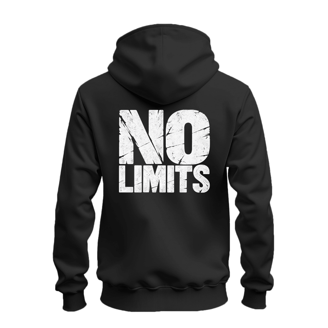 Black No Rules No Limits zip up hoodie with white distressed chest print and oversized white No Limits graphic on the back