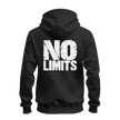 Black No Rules No Limits zip up hoodie with white distressed chest print and oversized white No Limits graphic on the back