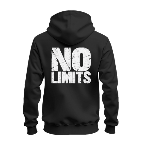 Black No Rules No Limits zip up hoodie with white distressed chest print and oversized white No Limits graphic on the back