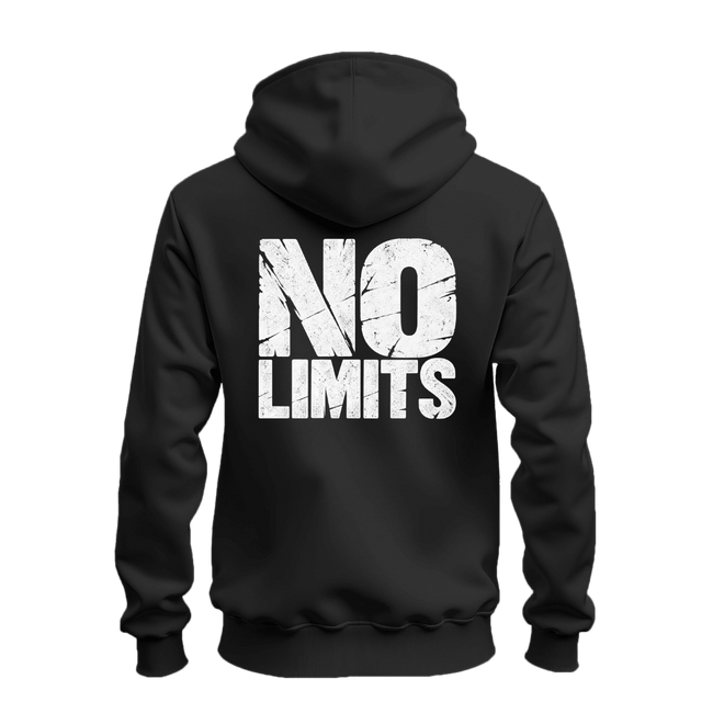 Black No Rules No Limits zip up hoodie with white distressed chest print and oversized white No Limits graphic on the back