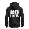 Black No Rules No Limits zip up hoodie with white distressed chest print and oversized white No Limits graphic on the back