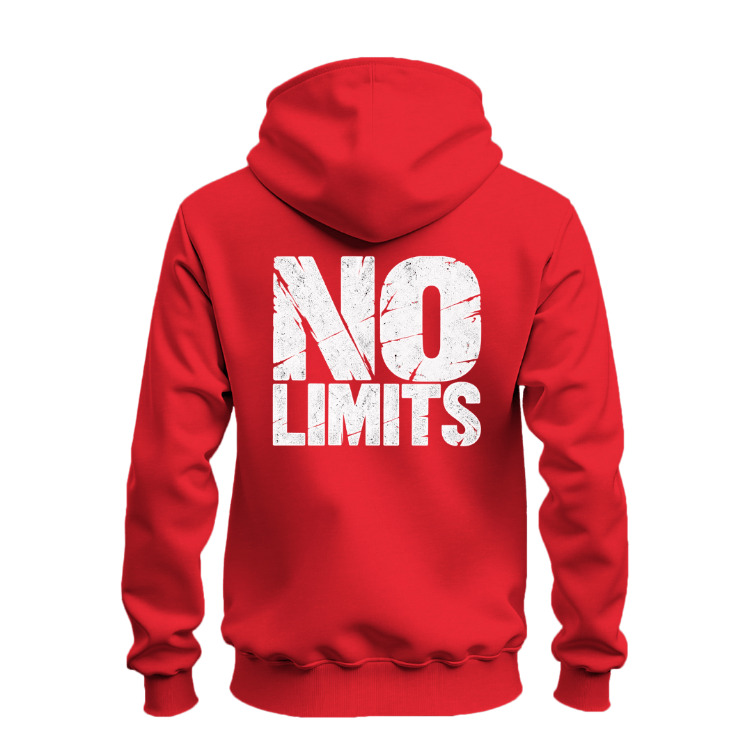 Red No Rules No Limits zip up hoodie back view with oversized distressed white No Limits graphic and bold statement style.
