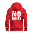 Red No Rules No Limits zip up hoodie back view with oversized distressed white No Limits graphic and bold statement style.