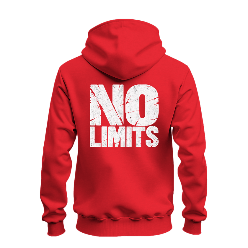 Red No Rules No Limits zip up hoodie back view with oversized distressed white No Limits graphic and bold statement style.