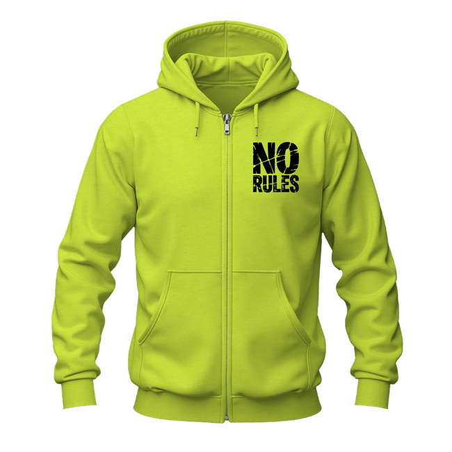Front and back No Rules No Limits zip hoodie featuring distressed motivational graphics and multiple colour options.
