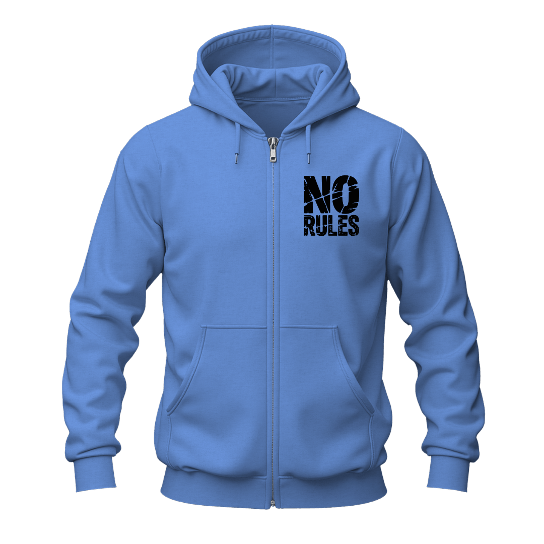 A light blue zip-up hoodie with a black distressed graphic reading 'NO RULES' on the left chest, shown on a plain white background.