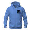 A light blue zip-up hoodie with a black distressed graphic reading 'NO RULES' on the left chest, shown on a plain white background.