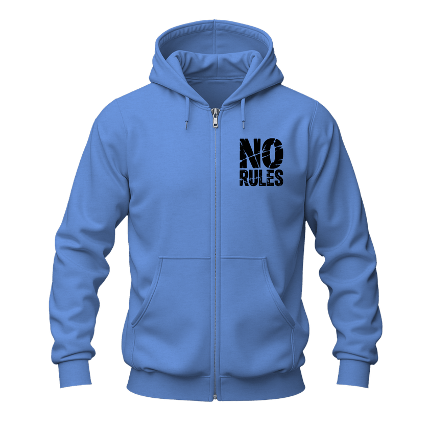 A light blue zip-up hoodie with a black distressed graphic reading 'NO RULES' on the left chest, shown on a plain white background.