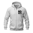 White No Rules No Limits zip up hoodie front view with distressed black No Rules chest graphic and full front zipper.