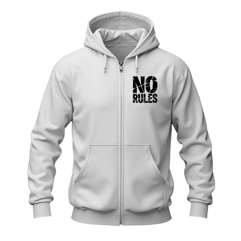 White No Rules No Limits zip up hoodie front view with distressed black No Rules chest graphic and full front zipper.