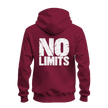 A maroon hoodie shown from the back, featuring the words 'NO LIMITS' printed in a large, distressed white font across the center.