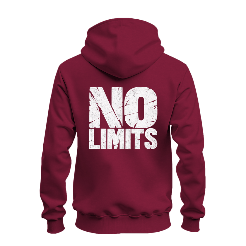 A maroon hoodie shown from the back, featuring the words 'NO LIMITS' printed in a large, distressed white font across the center.